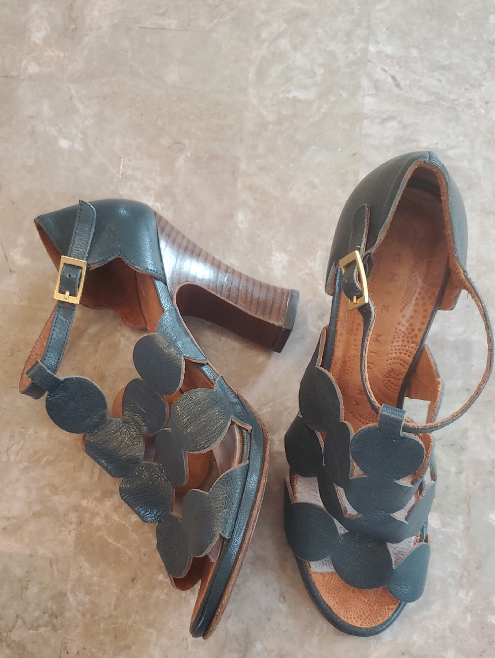 Chie Mihara Women’s Blue Leather Floral Strap Heels